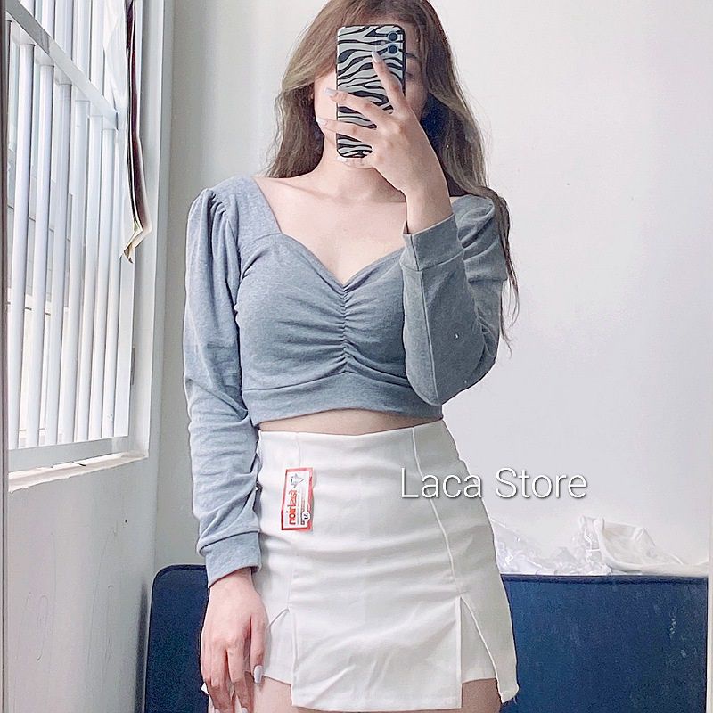 Áo Croptop Dài Tay Nhún Ngực Chất gân mịn Quyến Rũ Laca Store, áo crt kiểu bo ngực tay phồng B10-1