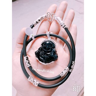 Mặt phật di lặc đá đen bọc bạc ta cho nam