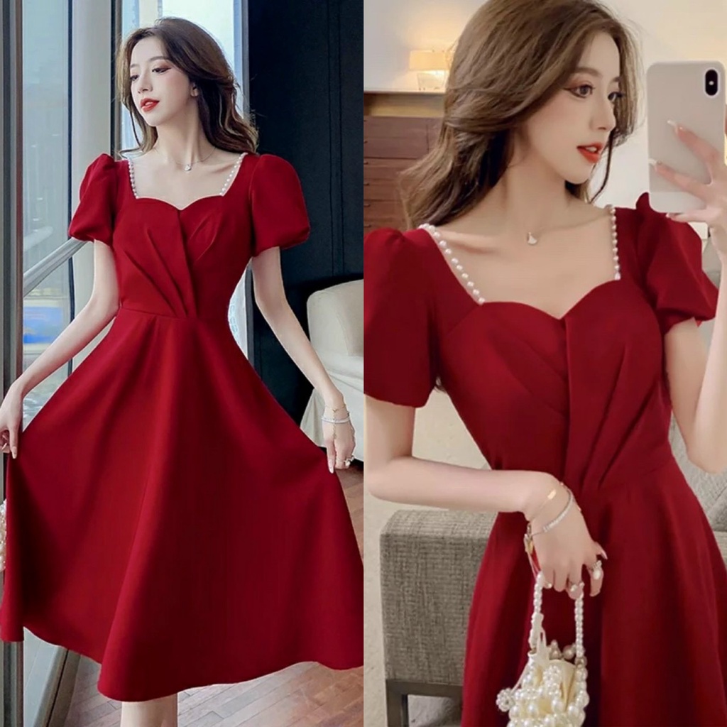 Đầm váy xòe dự tiệc tay phồng xếp ly ngực cổ vuông đính cườm 3 màu như hình ( đỏ,trắng,đen) thời trang nữ siêu xinh