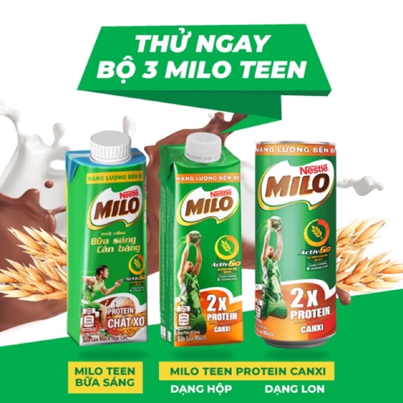 thùng 24 hộp*200ml sữa lúa mạch ngũ cốc Nestle Milo teen bữa sáng it đường