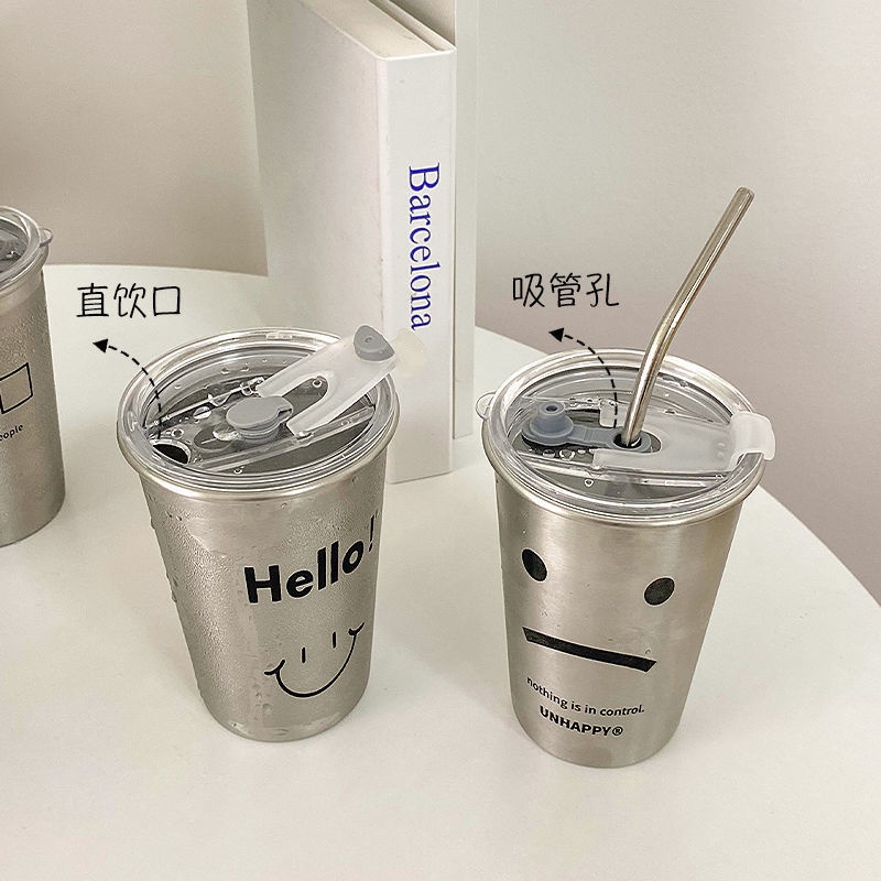 Cốc Uống Nước Bằng Thép Không Gỉ 304 Có Nắp Và Ống Hút Chống Rơi Tiện Dụng