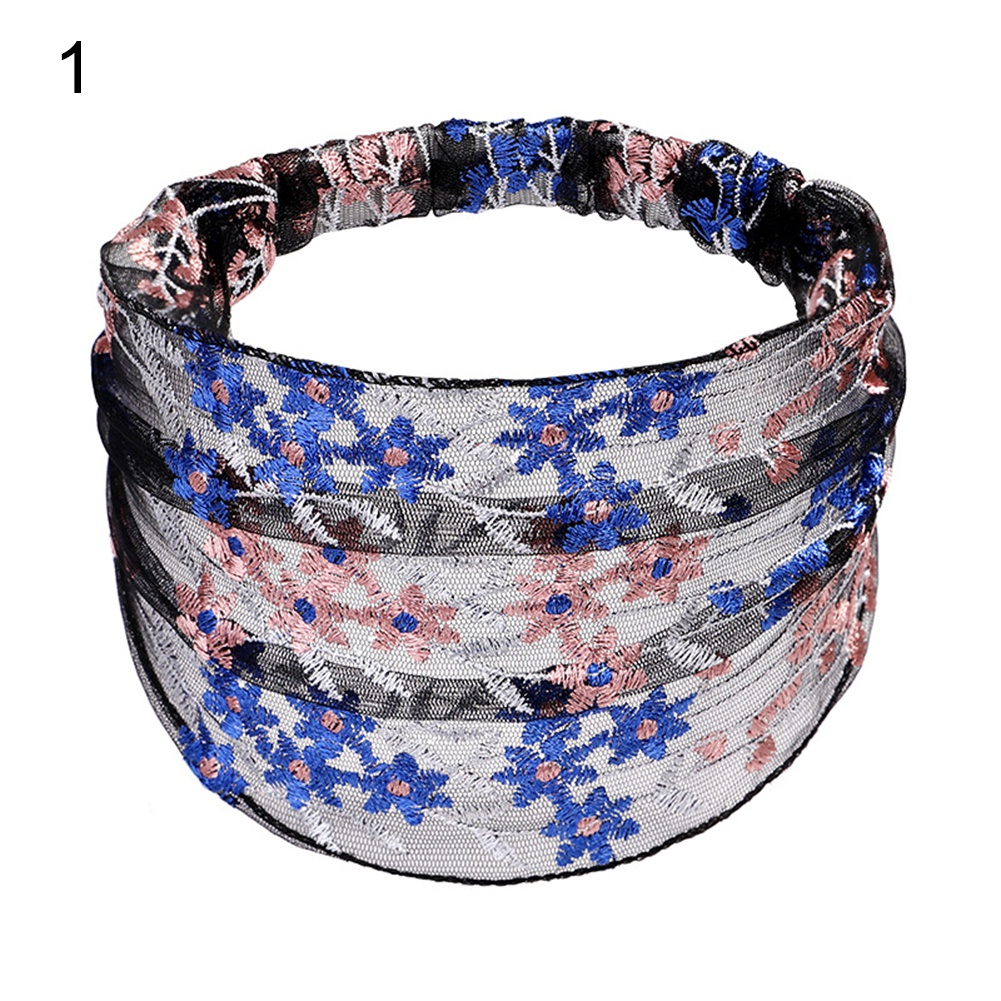 Băng đô bản rộng co giãn thêu hình hoa xinh xắn cho nữ