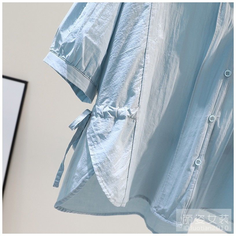 Áo Sơ Mi cotton Mỏng Dáng Ôm Ngắn Lưng Xẻ Tà Phía Trước Màu Xanh Nhạt Thời Trang Mới 2022 Cho Nữ