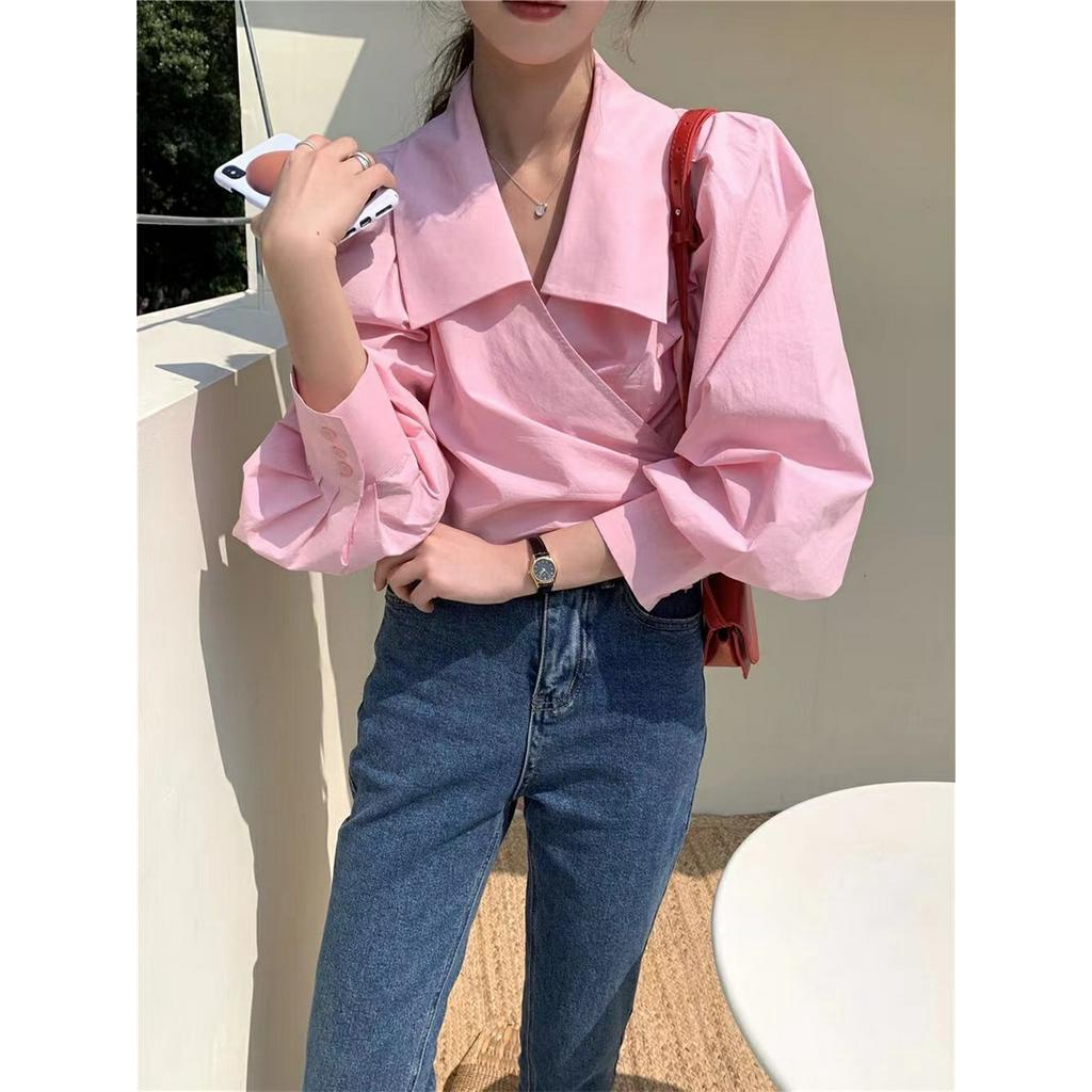 62224 Áo Sơ Mi Ngắn Thắt Nơ Chéo Màu Trơn Cỡ Lớn Kiểu Pháp