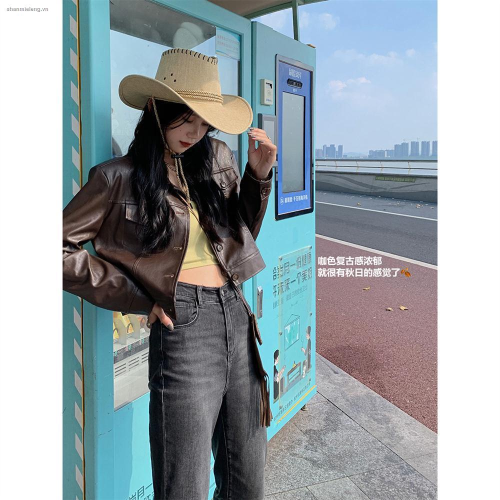 Áo khoác croptop bằng da PU dài tay thời trang Hồng Kông cổ điển cho nữ