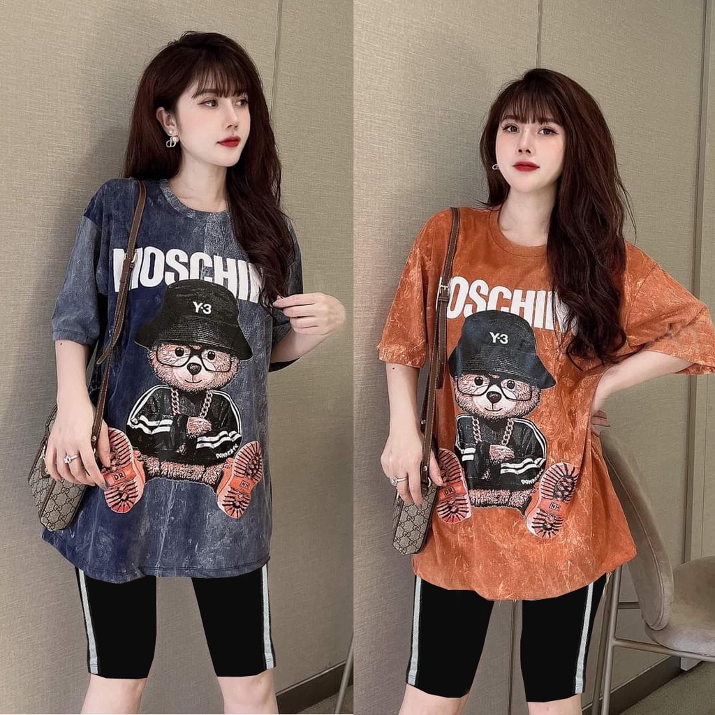 Đồ bộ thun lửng ngố viền kim tuyến hình gấu đeo kính siêu kute (2 màu: cam đất, xanh)