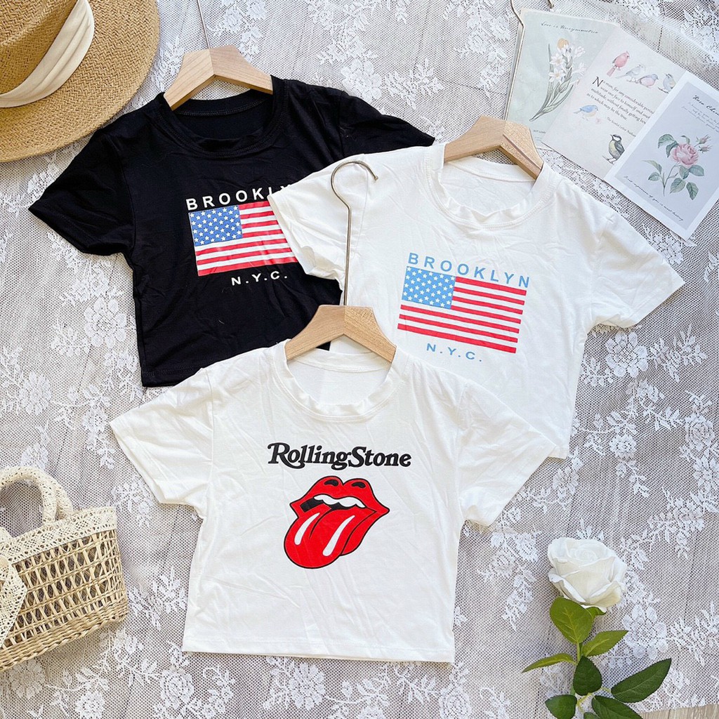 Áo kiểu croptop in hình cờ và lưới cực xinh , chất thun coton lạnh mềm mịn ( ảnh thật )