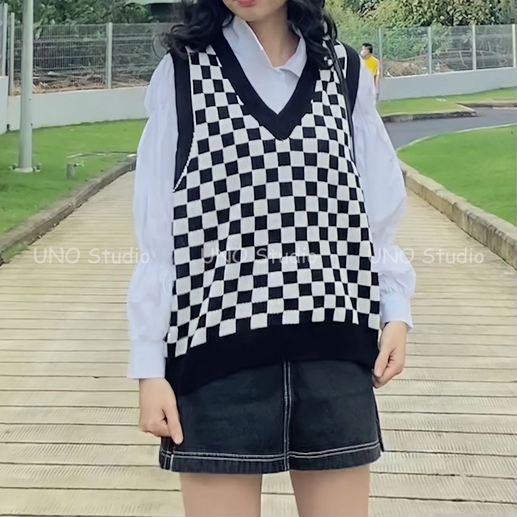 Áo gile len hoạ tiết caro đủ màu phong cách Hàn Quốc