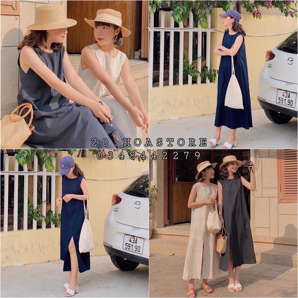 Đầm Nữ 3 Lỗ Cổ Thuyền Xẻ Tà 🦋 Váy Nữ Suông Dáng Dài Cổ Tròn 2 Màu Xanh Trắng Khoét Nách 🦋