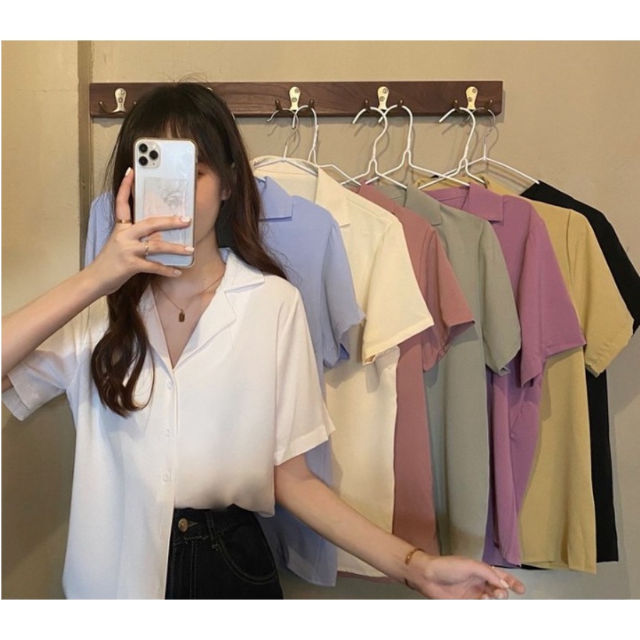 Áo sơ mi nữ form rộng công sở kiểu tay ngắn lỡ cổ vest Hàn Quốc  By bear.story