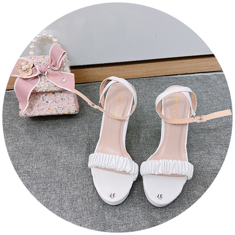 Giày sandal cao gót 12cm đế đúp gót trụ quai ngang Nhún da lì
