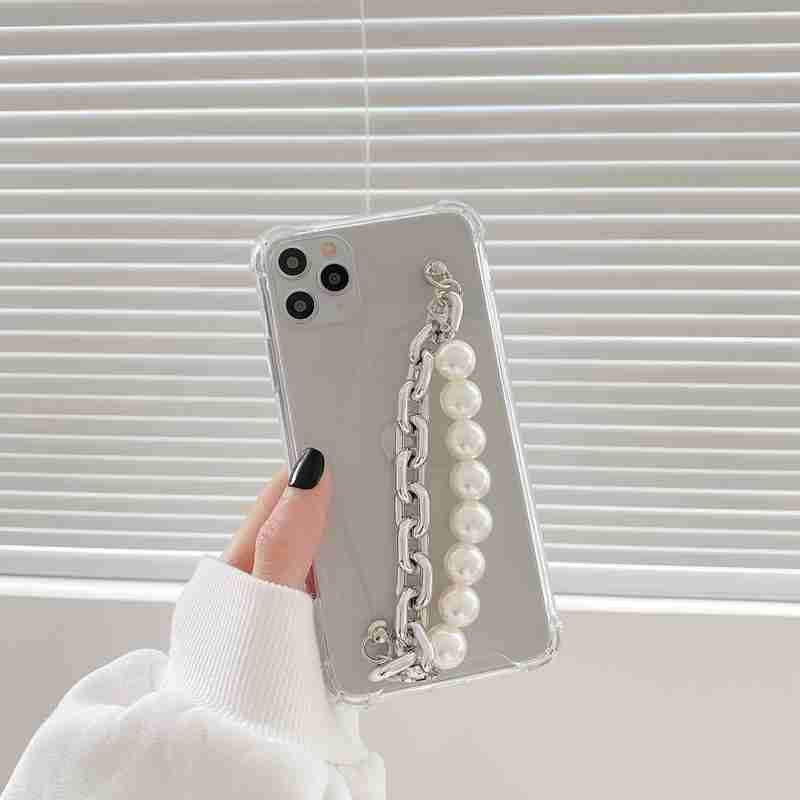 Wrist Chain Case iPhone 12 11 Pro Max 7 8 Plus X XS Max 6 6S PLUS Transparent Glitter Case Cute Silver Pearl Chain Hanging Soft Phone Case