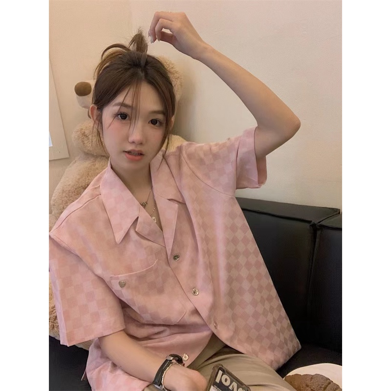 Áo Sơ Mi Tay Ngắn Họa Tiết Sọc Caro Thời Trang Mùa Hè Cho Nữ