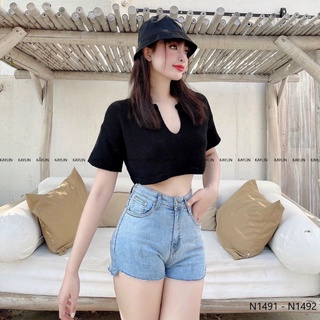 Áo len nữ cộc tay cổ bẻ xẻ v dáng croptop thụng