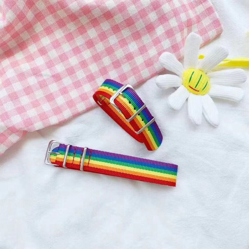Dây Đeo Đồng Hồ Bằng Nylon Bện Họa Tiết Kẻ Sọc Cầu Vồng Có Thể Điều Chỉnh Cho Valentine