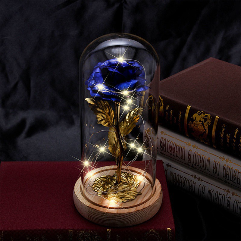 Louis Garden Beauty and The Beast Rose Kit, Colorful Gold Foil Rose and Led Light in Glass Dome on Black Wooden Base for Home Decor