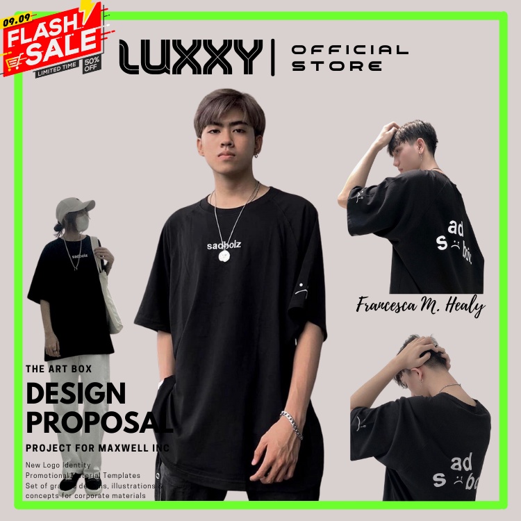 Áo thun tay lỡ dáng rộng Unisex Luxxy size dưới 85kg chất thun - Sadboiz mặt buồn (có thêu logo ở tay)