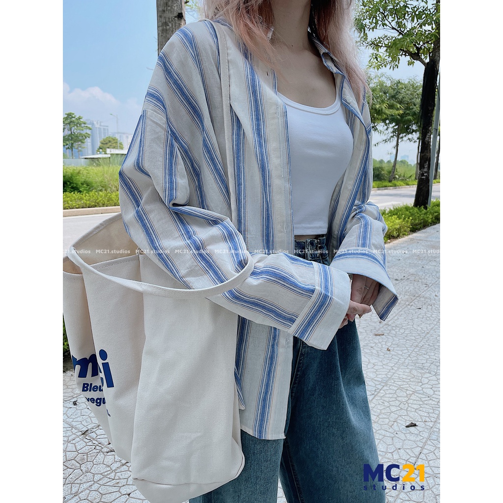 Áo sơ mi kẻ sọc dọc dài tay nữ MINION CLOTHING oversize Ulzzang Hàn Quốc vải mềm thoáng mát form rộng A3036