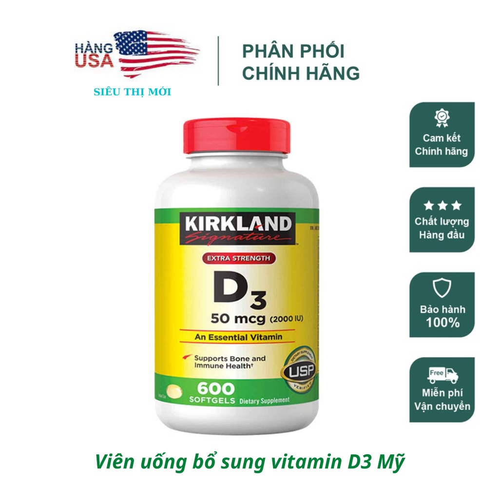 Viên Uống Kirkland Vitamin D3 2000IU 600 viên date cực dài đến tháng 6-2024