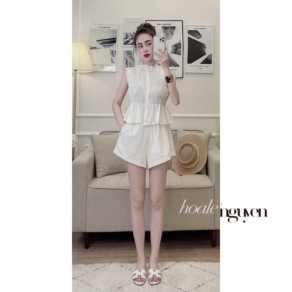 sét áo nhún cổ cao cài nút phối quần đùi thời trang ls049