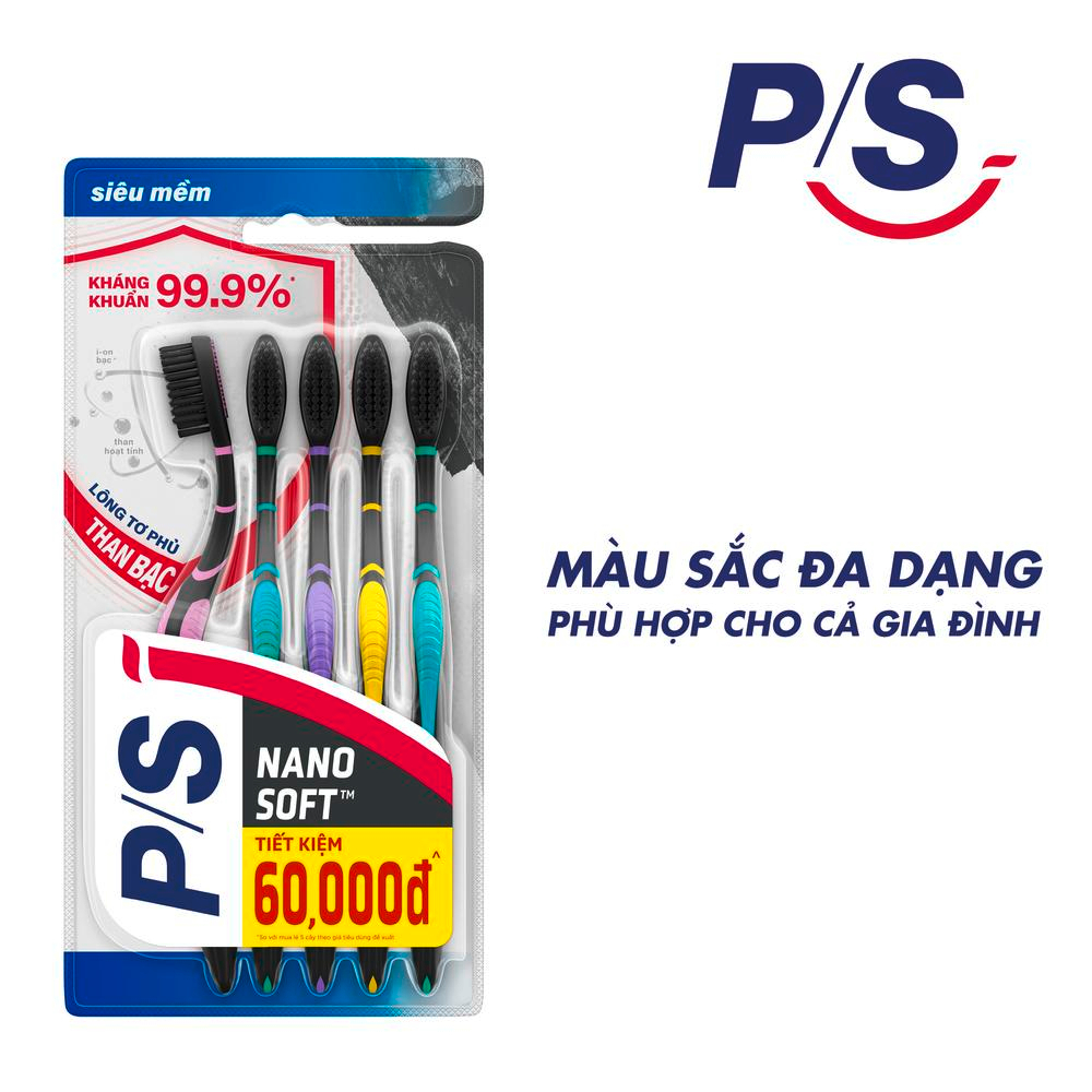 Bộ 5 bàn chải P/S than bạc kháng khuẩn 99.9%