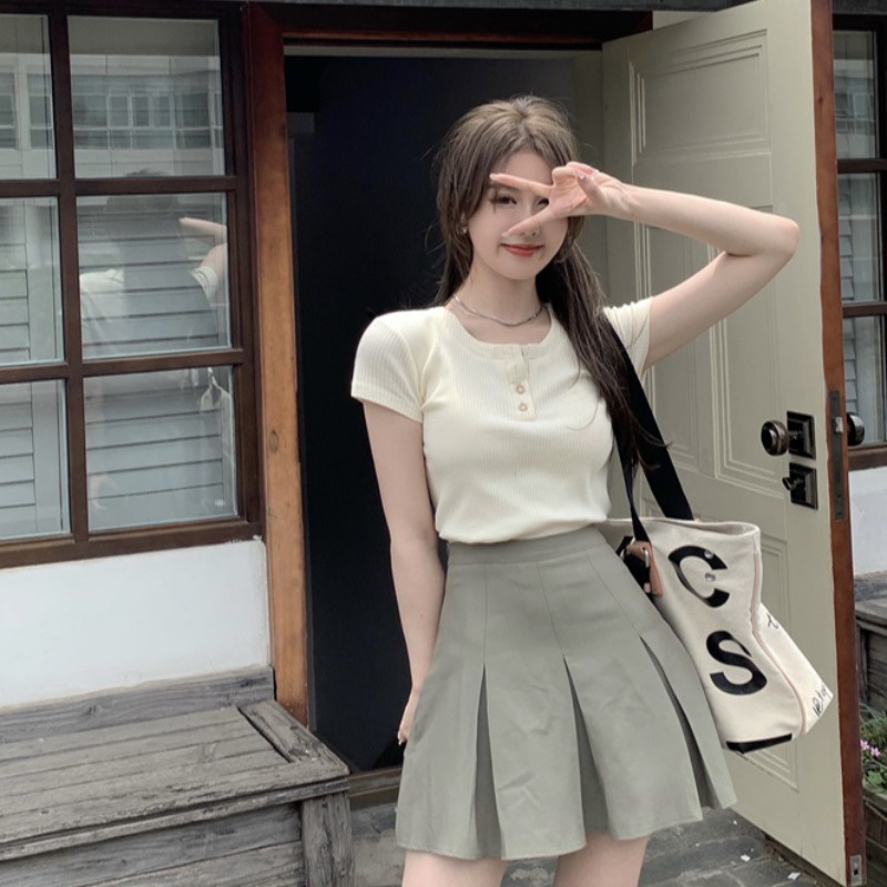 (CÓ VIDEO THẬT) Set áo len tăm cộc tay + chân váy xếp ly cạp cao