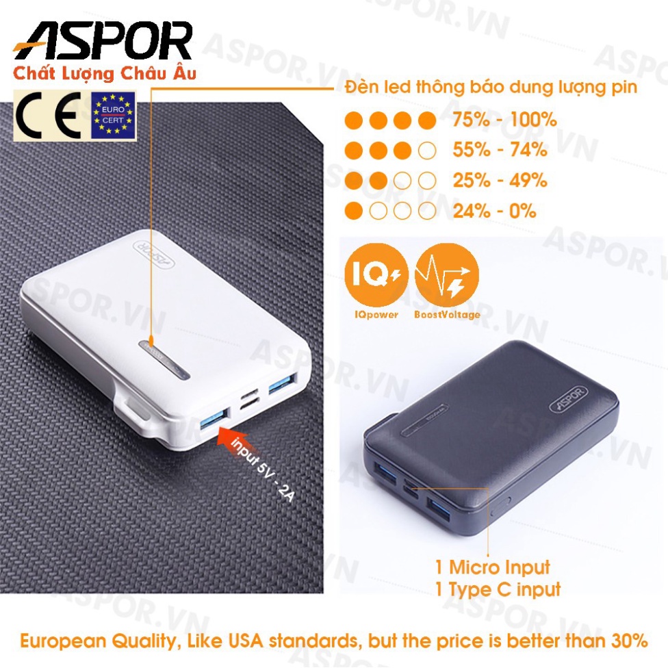 TẶNG QUÀ 100%Sạc dự phòng ASPOR A358 10.000MAh 37W - Pin dự phòng nhỏ gọn kích thước bằng thỏi son , Dễ dàng đút túi