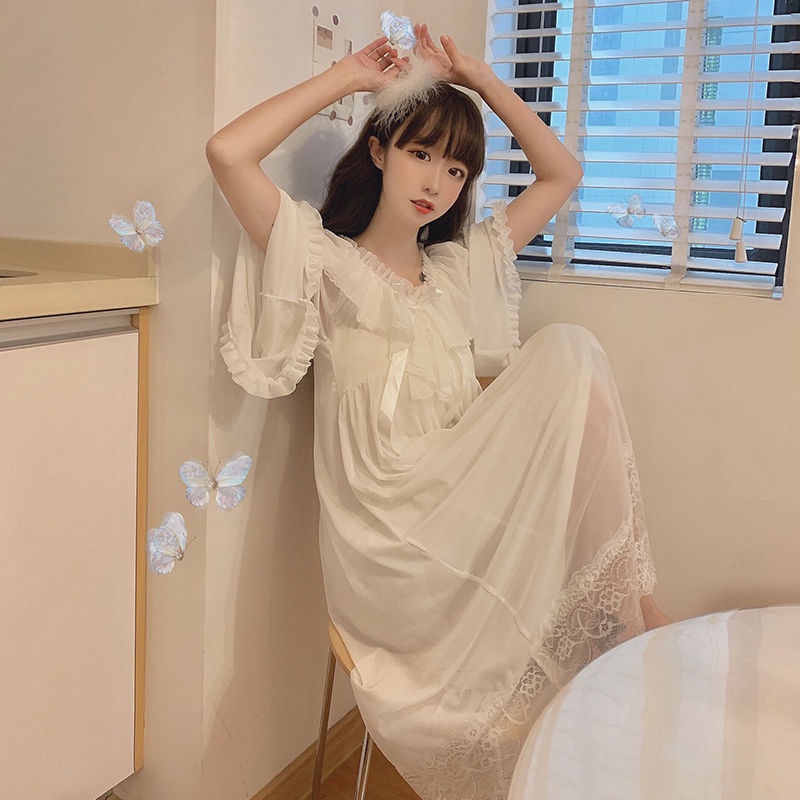 FXDAZI Cổ Phiếu Sẵn Sàng❣Đầm Ngủ Tay Dài Phối Ren Quyến Rũ Phong Cách Hàn Quốc Cho Nữ