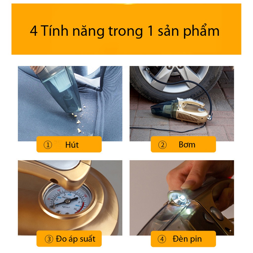 Máy hút bụi kiêm bơm lốp đa năng 4 trong 1 Car Vacuum Clean model 2021 LOẠI 1 có đèn chiếu sáng