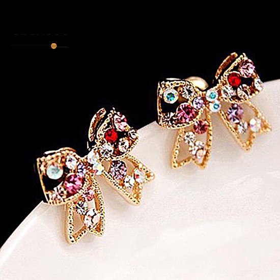 Women\'s Crystal Gold Tone Bow Studs Jewelry Earrings