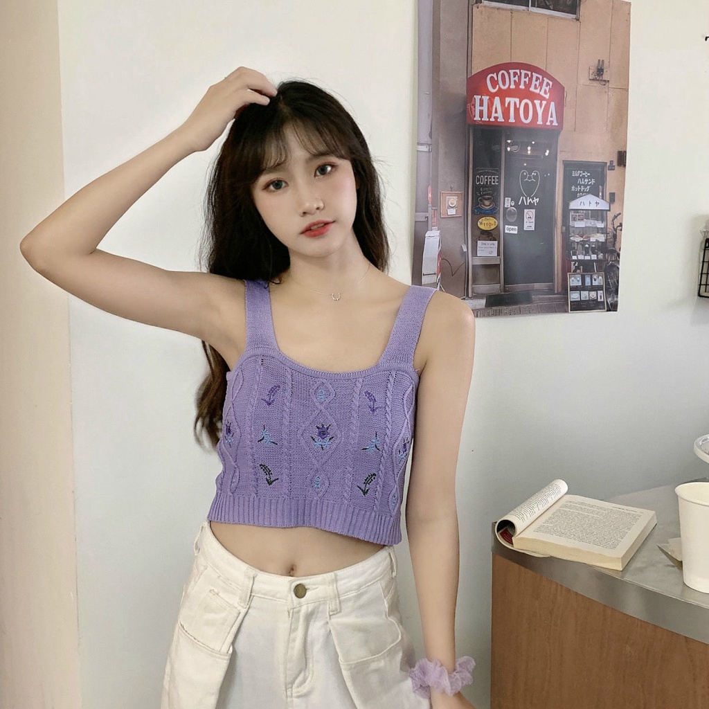 Áo Hai Dây Dệt Kim Thêu Họa Tiết Phong Cách Retro Hàn Quốc