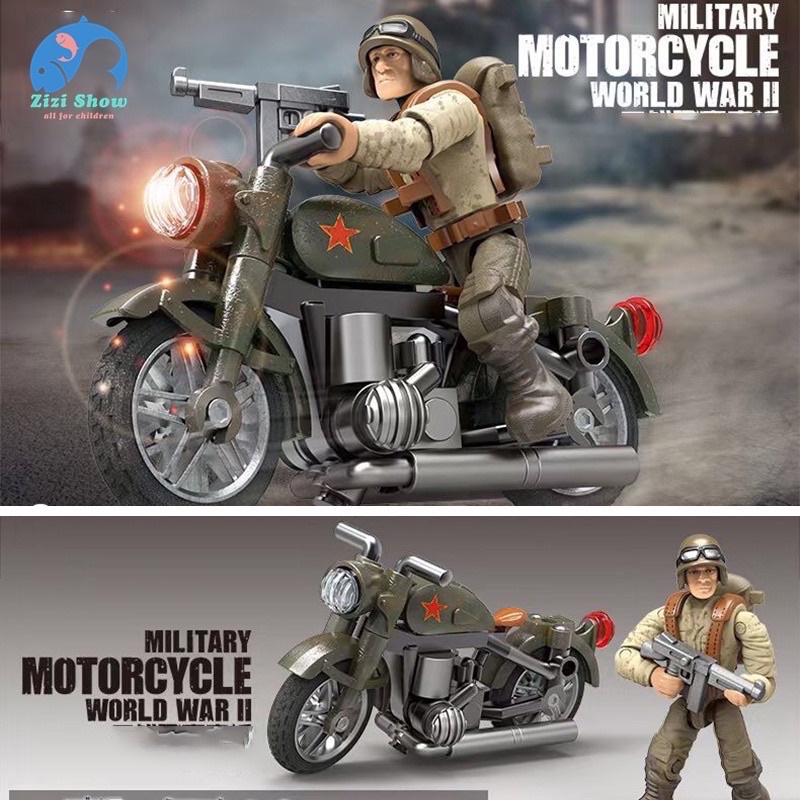Đồ chơi mô hình lắp ráp xe Moto và lính Retro mini