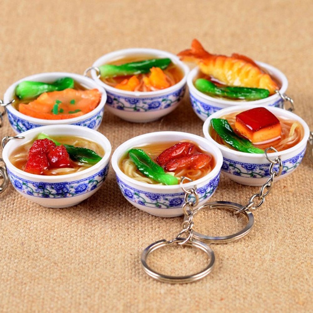 Móc khóa hình tô ăn mì mini sứ bằng nhựa màu xanh dương và trắng cho nhà búp bê