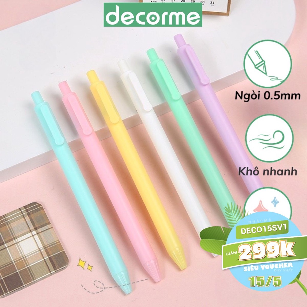 Bút đen DecorMe viết gel bấm mực đen ngòi 0.5mm màu vỏ pastel phong cách Hàn Quốc