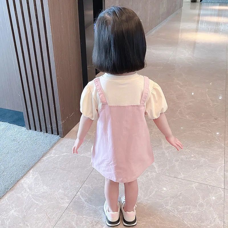 Bộ Áo Thun In Hình Gấu Kèm Váy Yếm Dễ Thương Thời Trang Mùa Hè Cho Bé Gái