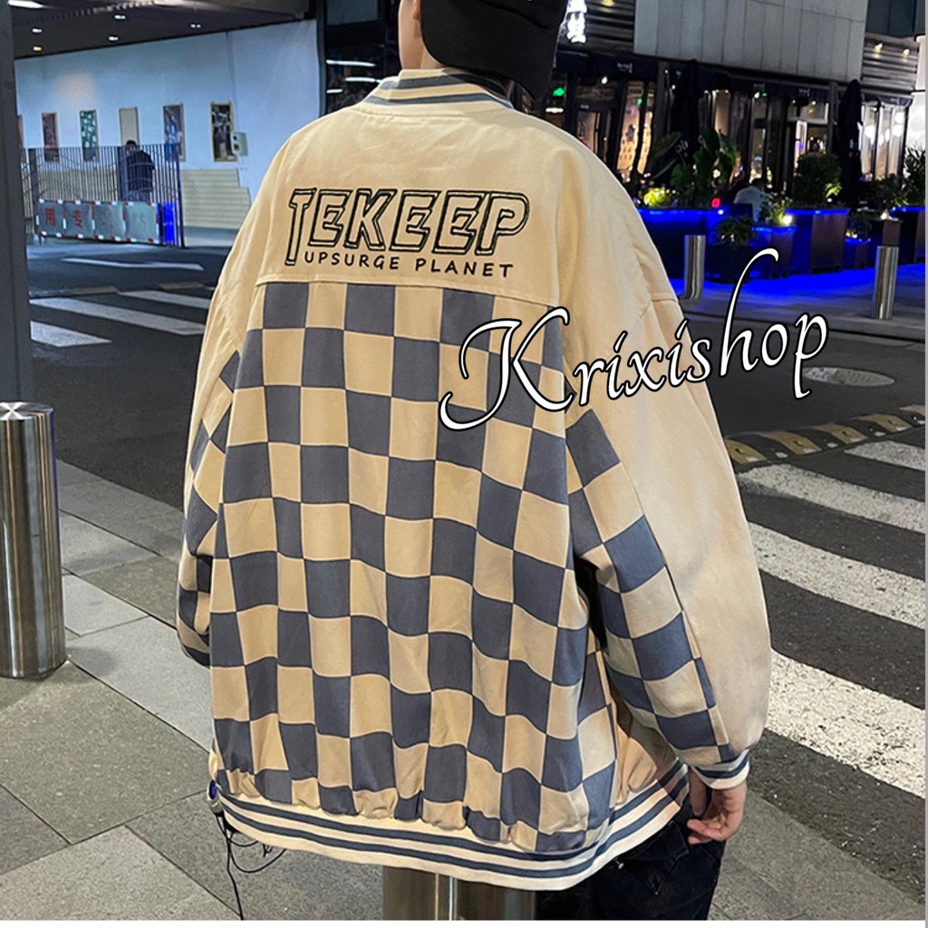 Áo khoác dù bomber unisex nam nữ  9x 10x bàn cờ vua cúc bấm rộng rãi mặc đi học đi chơi hẹn hò