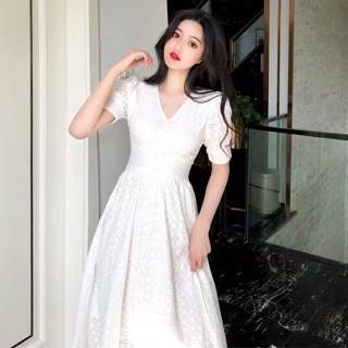 (Order) Váy trắng cổ vuông thanh lịch