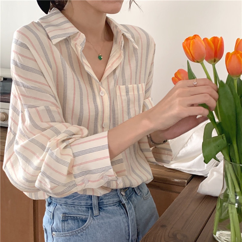 SUXI Sơ Mi Nữ Kẻ Sọc Dài Tay Thời Trang Hàn Quốc