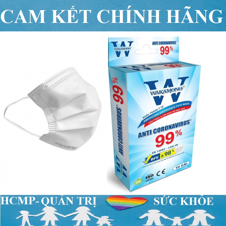 Wakamono khẩu trang y tế 4 lớp trắng kháng khuẩn cao cấp chống giọt bắn hộp 10 cái HCM03