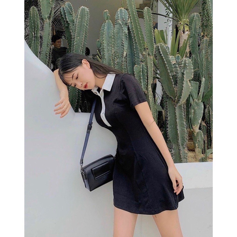 Đầm Polo Đen Viền Cổ Trắng~ Đầm Basic Chất Thun Co Giãn