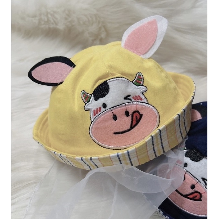 Nón kèm khăn voan thêu hình heo con dễ thương chống bụi bẩn cho bé sơ sinh từ 0-20 tháng tuổi