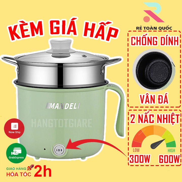 Ca mỳ nổi lẩu điện ca náu mỳ  hấp 1.8L MANDELI 2 NẤC NHIỆT kèm giá hấp INOX dùng để chiên xào hấp rán (Kingmart68)