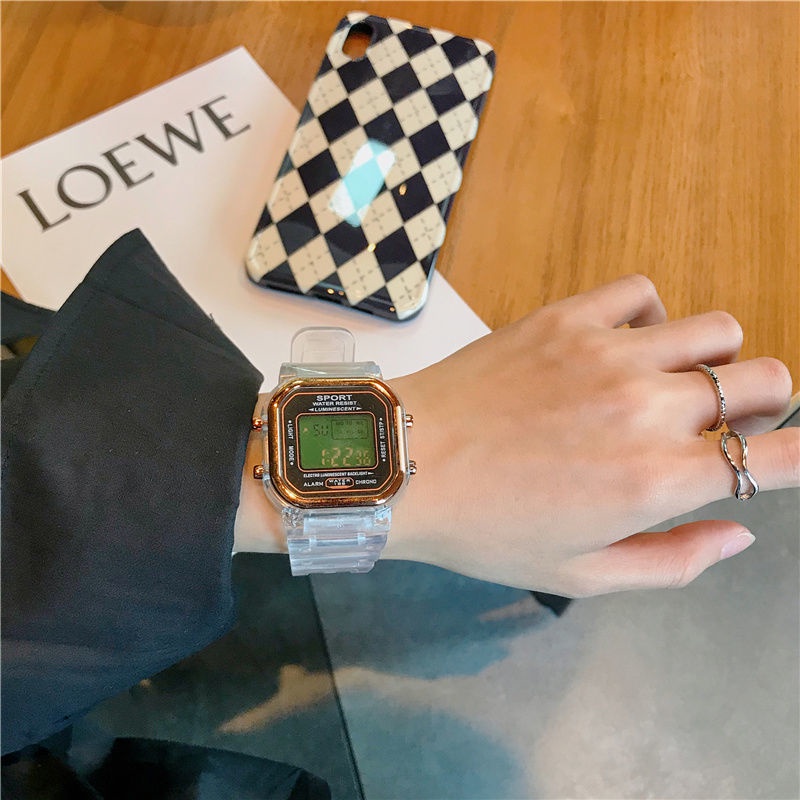 Đồng Hồ Điện Tử Trong Suốt Hình Vuông Nhỏ Phong Cách Mori Hàn Quốc Cao Cấp Dễ Phối Đồ