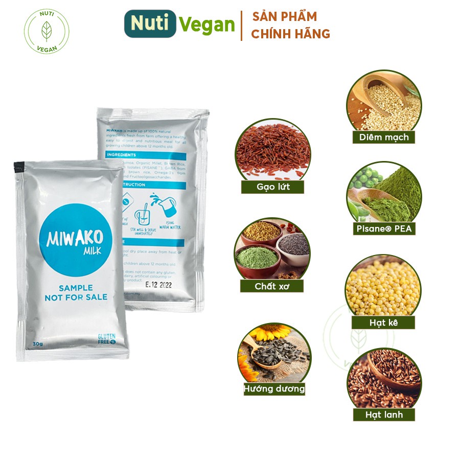 Sữa Công Thức Hạt Thực Vật Hữu Cơ Miwako A+ Vani, Miwako Gạo, Miwakoko Cacao Gói Dùng Thử 30g - Nutivegan