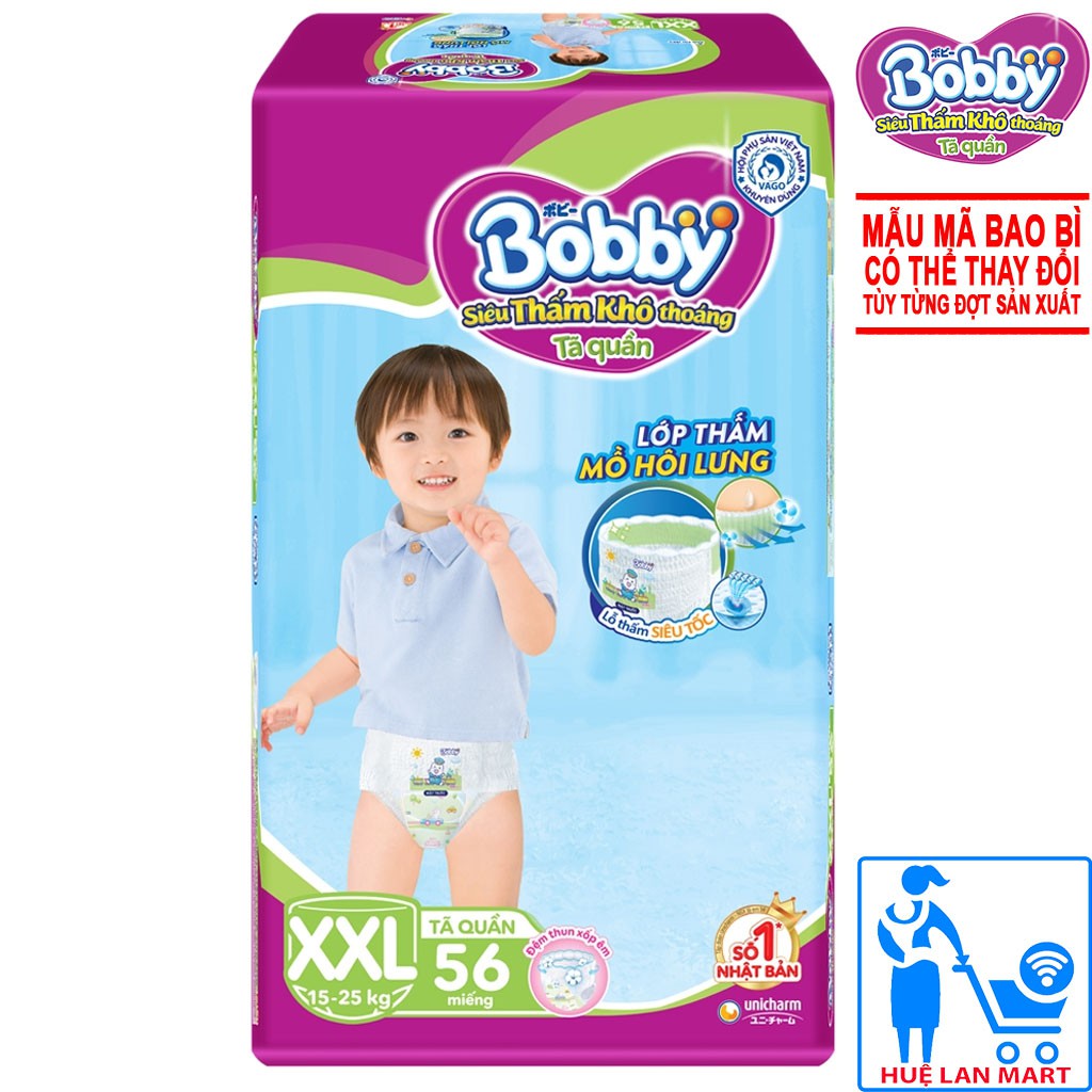 [CHÍNH HÃNG] Bỉm - Tã Quần Bobby Siêu Thấm Khô Thoáng Size XXL56 (Lớp thấm mồ hôi lưng, cho bé 15-25kg)