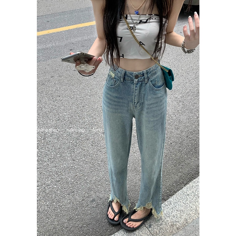 Cocory vn Quần Jean Ống Rộng Lưng Cao Thời Trang Mùa Hè Cho Nữ