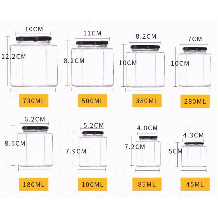 [NẮP ĐEN] Hũ Thủy Tinh Lục Giác Đựng Mật Ong, Gia Vị Đủ Cỡ - Duonghieu6789