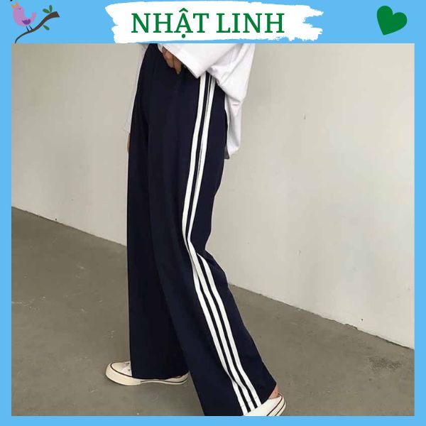 Quần thể thao ống rộng dáng suông kẻ sọc viền kiểu học sinh unisex cạp chun co giãn NHẬT LINH - Q452