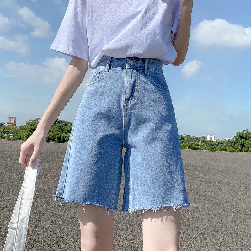 Quần short jean ống rộng Lylyshop, quần sooc đùi chất bò mềm mịn kiểu rách nhẹ