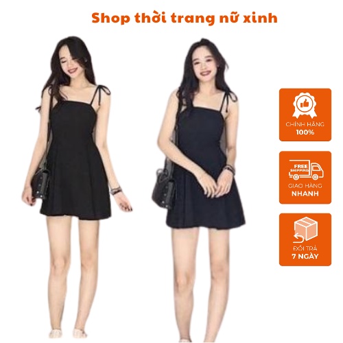 Đầm váy 2  dây sexy ôm  xoè gấu Đen  Trắng Chấm bi đen Chất liệu voan mịn- shop thời trang nữ xinh
